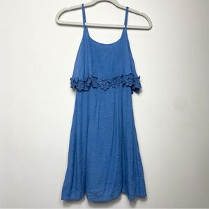 Flying Tomato mini dress with floral trim, blue spaghetti strap, size small
